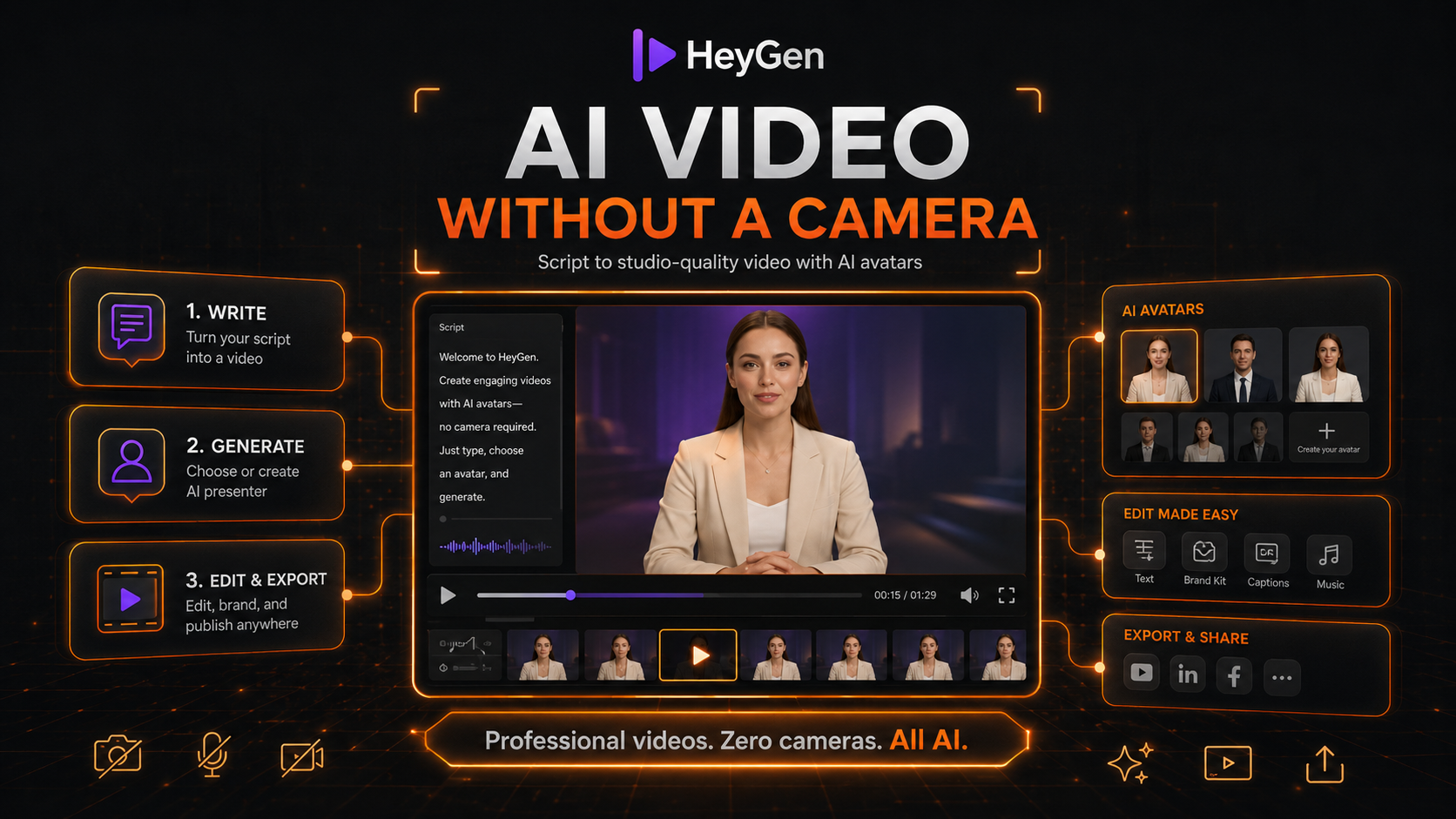 AI video creation interface with an avatar presenter and script-to-video workflow