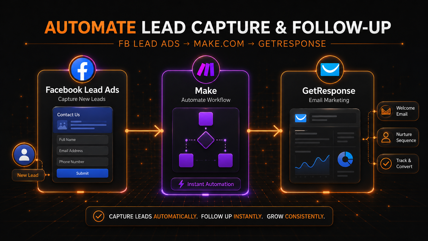 Automation flow from Facebook Lead Ads to Make.com to GetResponse email follow-up